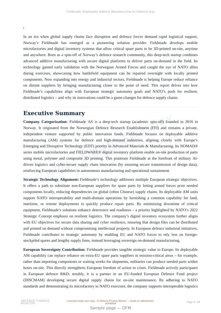 Sample page from “Fieldmade: Deployable Additive Manufacturing for Defence Supply Chain Resilience” — 29-page report