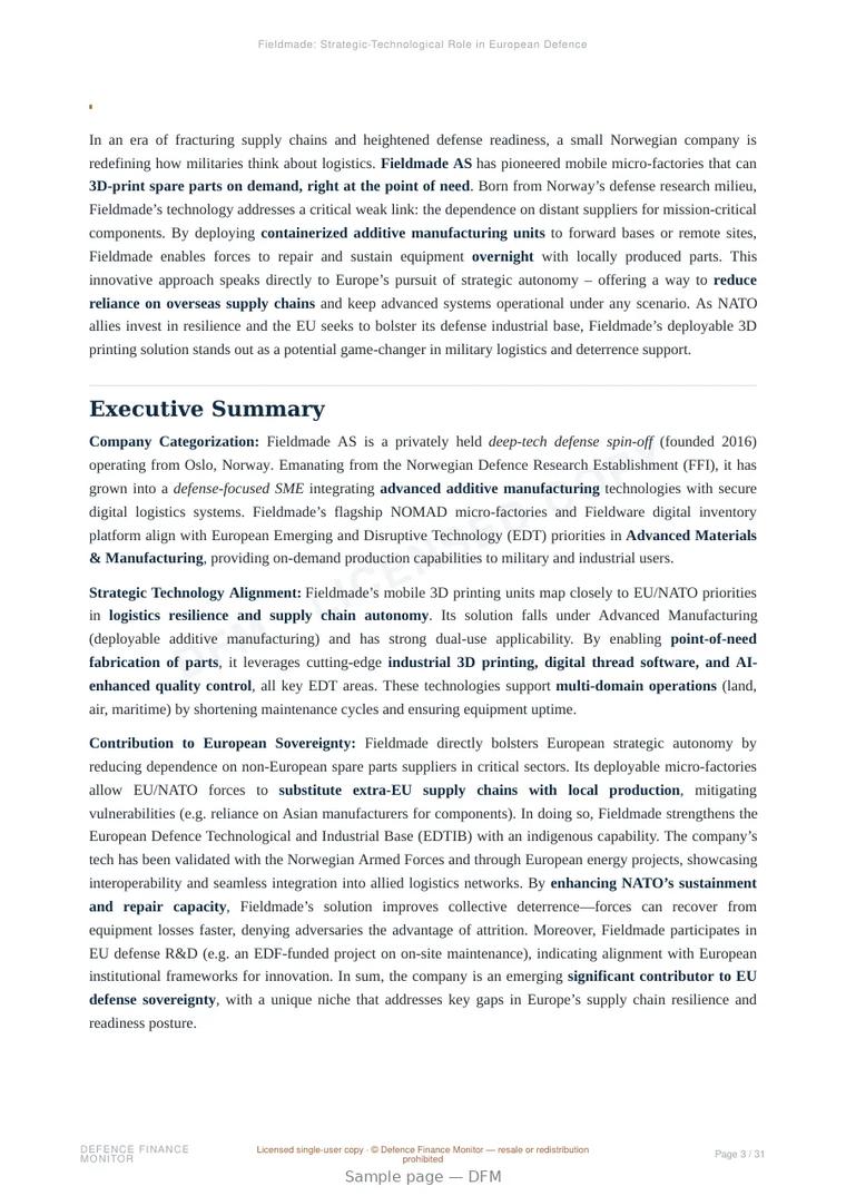 Sample page from “Fieldmade: Strategic-Technological Role in European Defence and Mobile 3D Printing Autonomy” — 32-page report