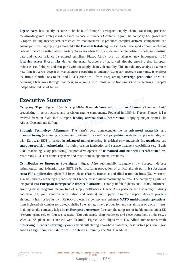 Sample page from “Figeac Aéro: Aerospace Manufacturing and Defense Components” — 30-page report