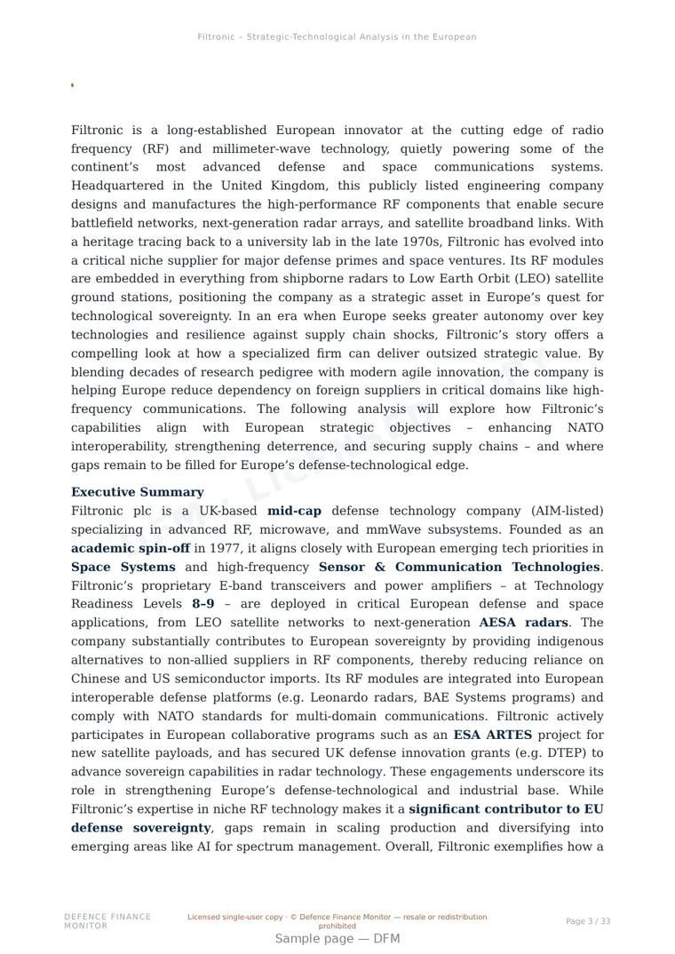 Sample page from “Filtronic — United Kingdom defence company” — 34-page report