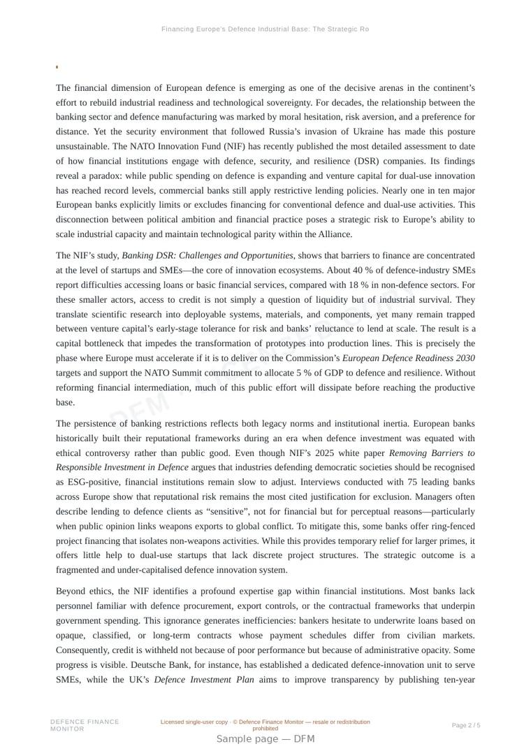Sample page from “Financing Europe’s Defence Industrial Base: The Strategic Role of Banks in the DSR Ecosystem” — 6-page report