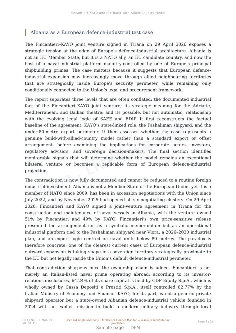 Sample page from “Fincantieri–KAYO and the Build-with-Allied-Country Model” — 27-page report