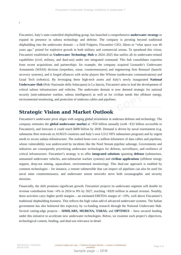 Sample page from “Fincantieri’s Underwater Strategy: Ambitions in Underwater Technology and Defense” — 9-page report