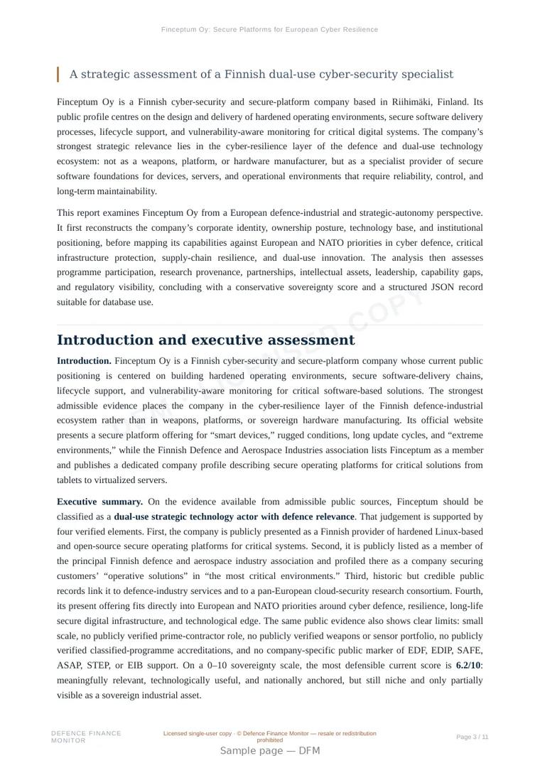 Sample page from “Finceptum Oy: Secure Platforms for European Cyber Resilience” — 12-page report