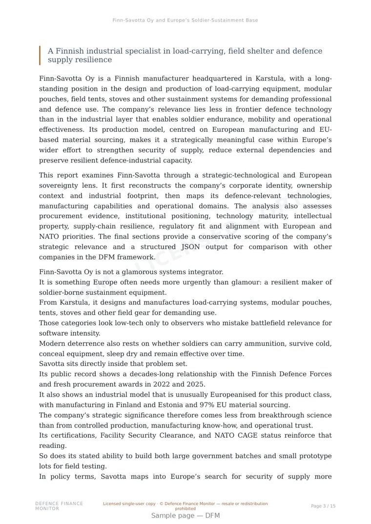 Sample page from “Finn-Savotta Oy and Europe’s Soldier-Sustainment Base” — 16-page report