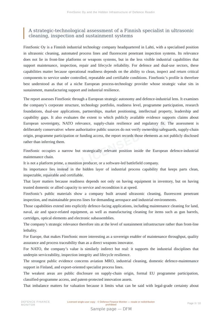 Sample page from “FinnSonic Oy and the Hidden Infrastructure of Defence Readiness” — 11-page report
