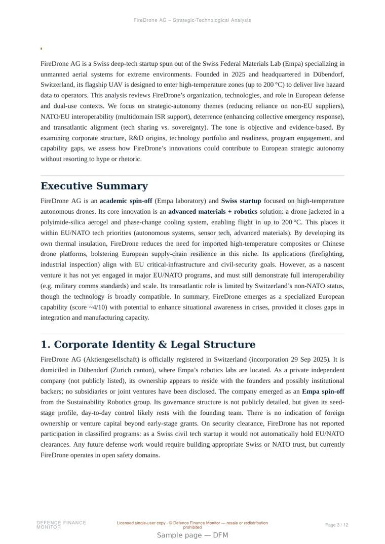 Sample page from “FireDrone AG — Switzerland unmanned aerial systems company” — 13-page report