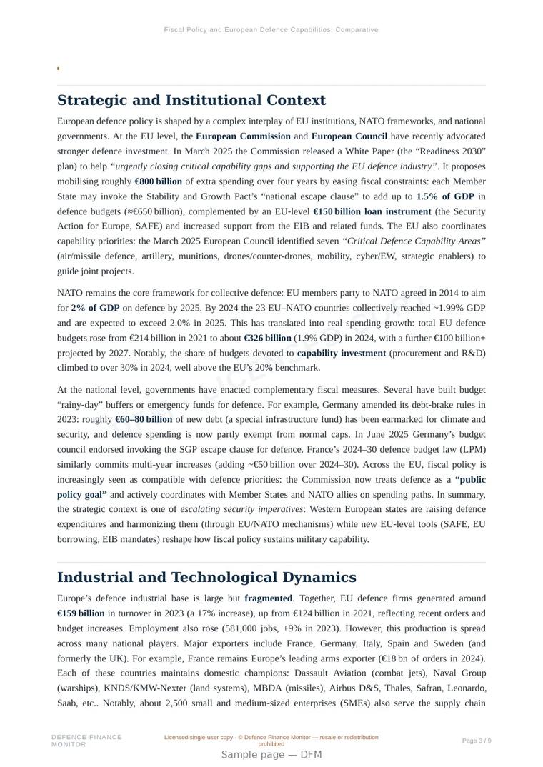 Sample page from “Fiscal Policy and European Defence Capabilities: Comparative Analysis” — 10-page report