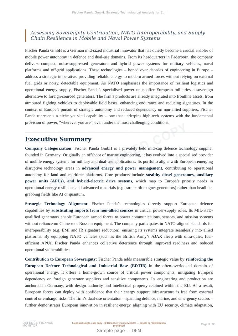 Sample page from “Fischer Panda GmbH — Germany energy storage company” — 37-page report