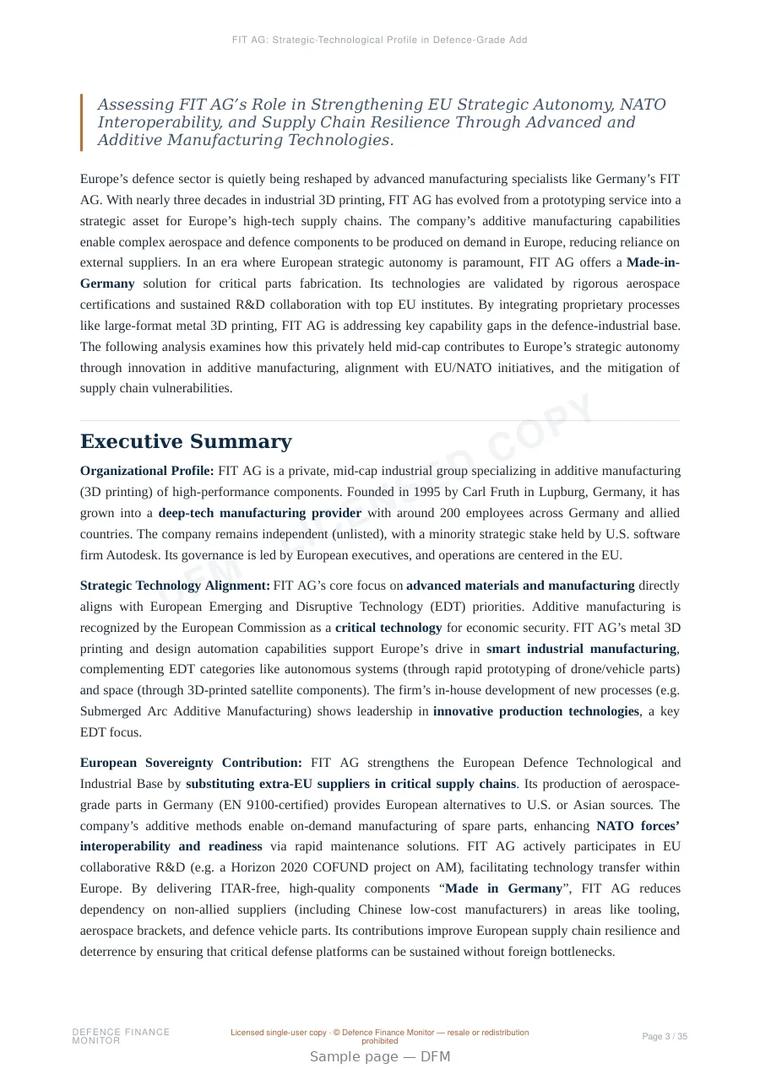 Sample page from “FIT AG: Strategic-Technological Profile in Defence-Grade Additive Manufacturing for European Sovereignty” — 36-page report
