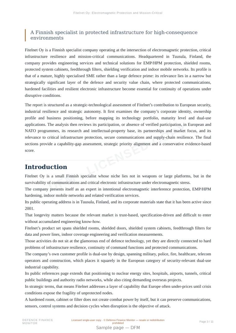 Sample page from “Fitelnet Oy: Electromagnetic Protection and Mission-Critical Communications Resilience” — 12-page report