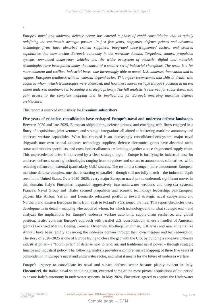 Sample page from “Five Years of Defence and Dual-Use Acquisitions in Europe (2020–2025)” — 23-page report