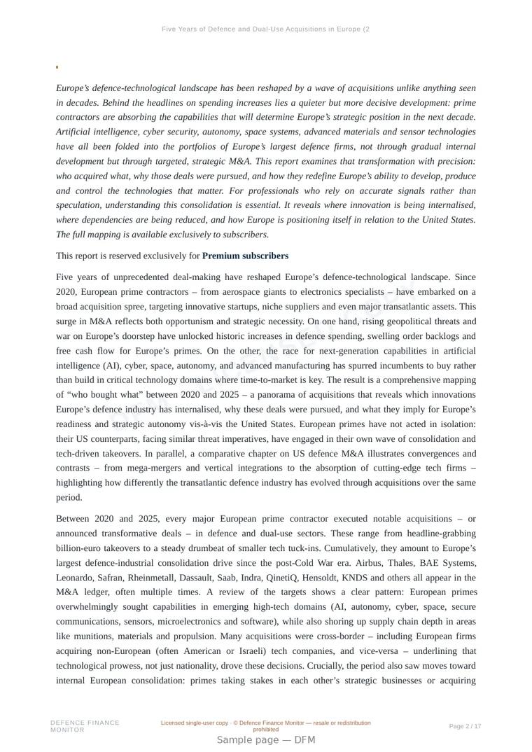 Sample page from “Five Years of Defence and Dual-Use Acquisitions in Europe (2020–2025) - 1” — 18-page report