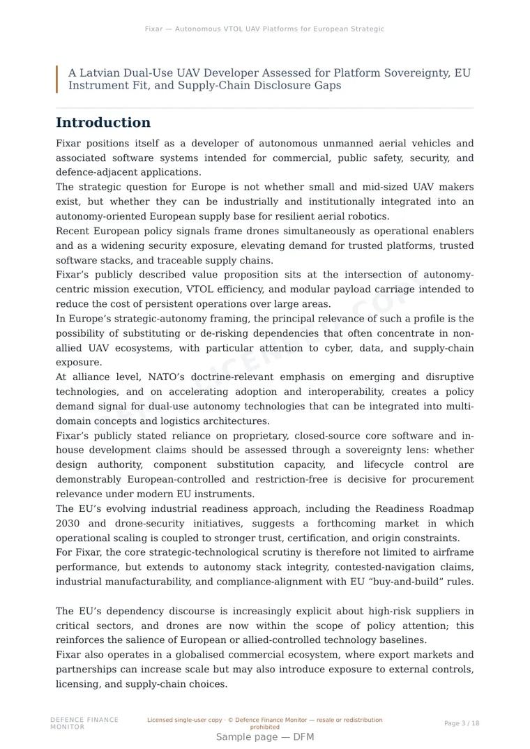 Sample page from “Fixar — Autonomous VTOL UAV Platforms for European Strategic Autonomy” — 19-page report