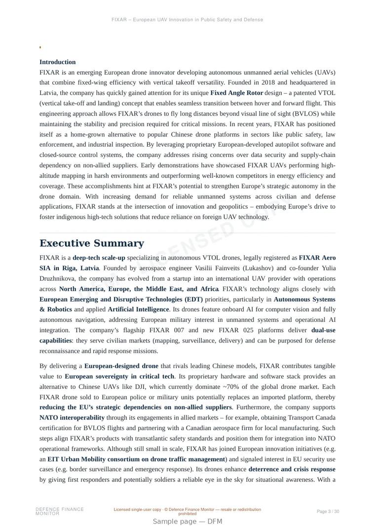 Sample page from “FIXAR – European UAV Innovation in Public Safety and Defense” — 31-page report