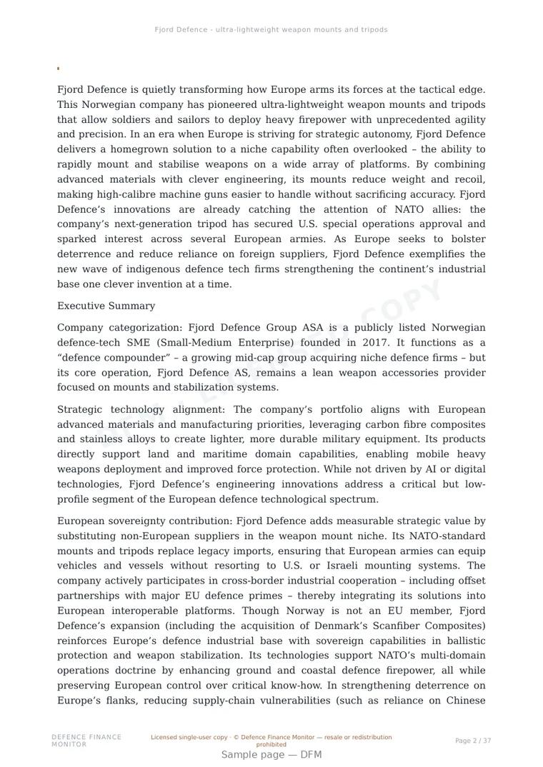 Sample page from “Fjord Defence - ultra-lightweight weapon mounts and tripods” — 38-page report