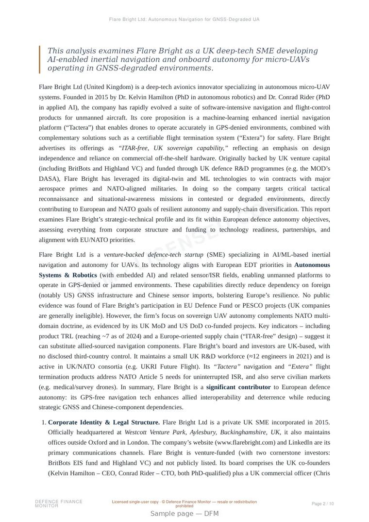 Sample page from “Flare Bright Ltd: Autonomous Navigation for GNSS-Degraded UAV Operations” — 11-page report