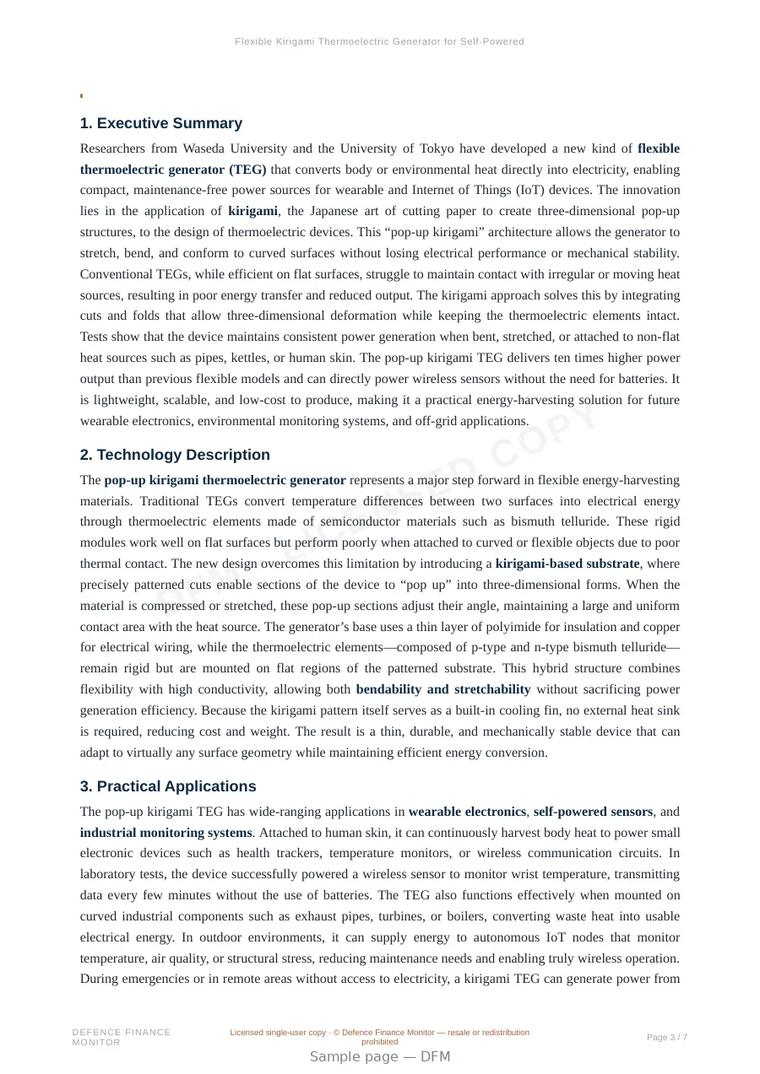 Sample page from “Flexible Kirigami Thermoelectric Generator for Self-Powered Wearable and IoT Devices” — 8-page report