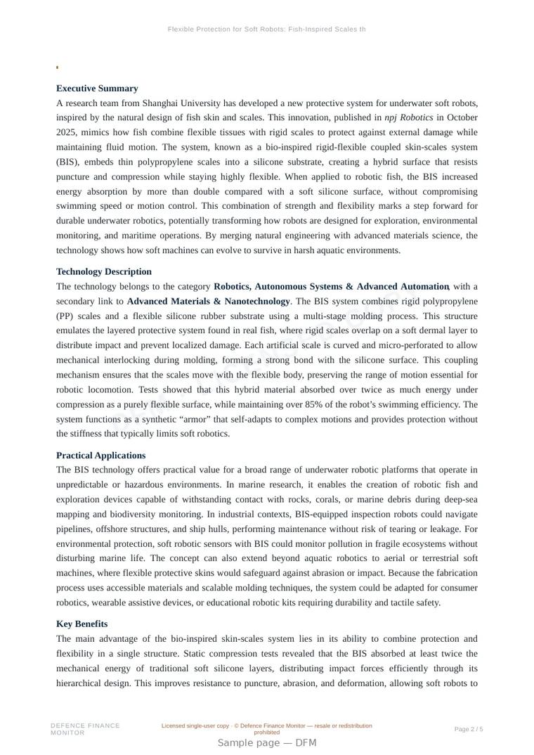 Sample page from “Flexible Protection for Soft Robots: Fish-Inspired Scales that Make Underwater Machines Tougher and Smarter” — 6-page report