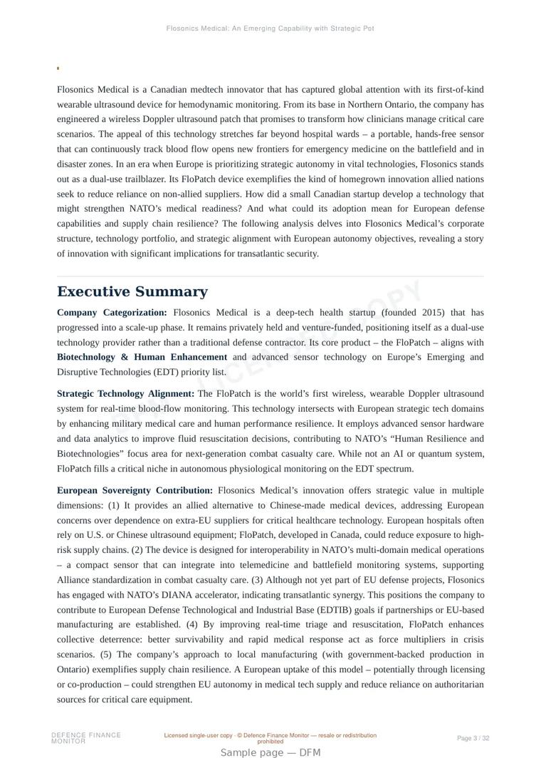 Sample page from “Flosonics Medical: An Emerging Capability with Strategic Potential for Europe” — 33-page report