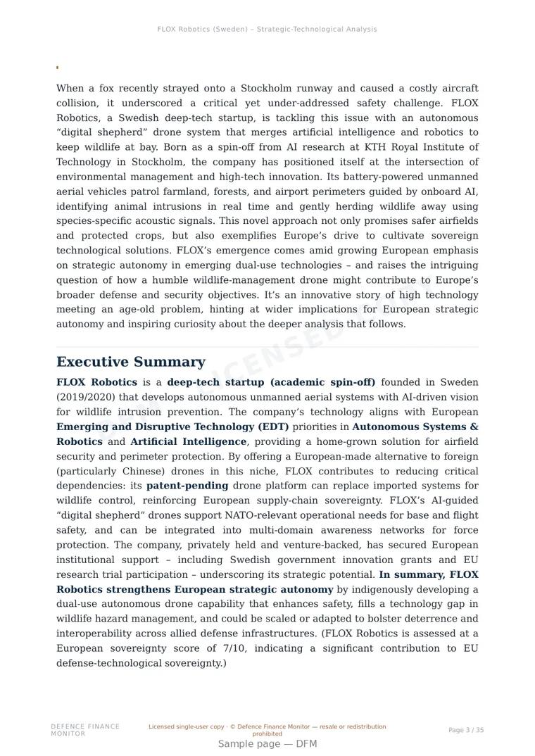 Sample page from “FLOX Robotics — Sweden unmanned aerial systems company” — 36-page report
