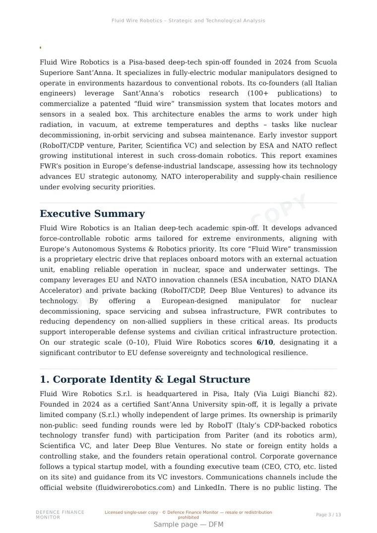 Sample page from “Fluid Wire Robotics – Strategic and Technological Analysis” — 14-page report