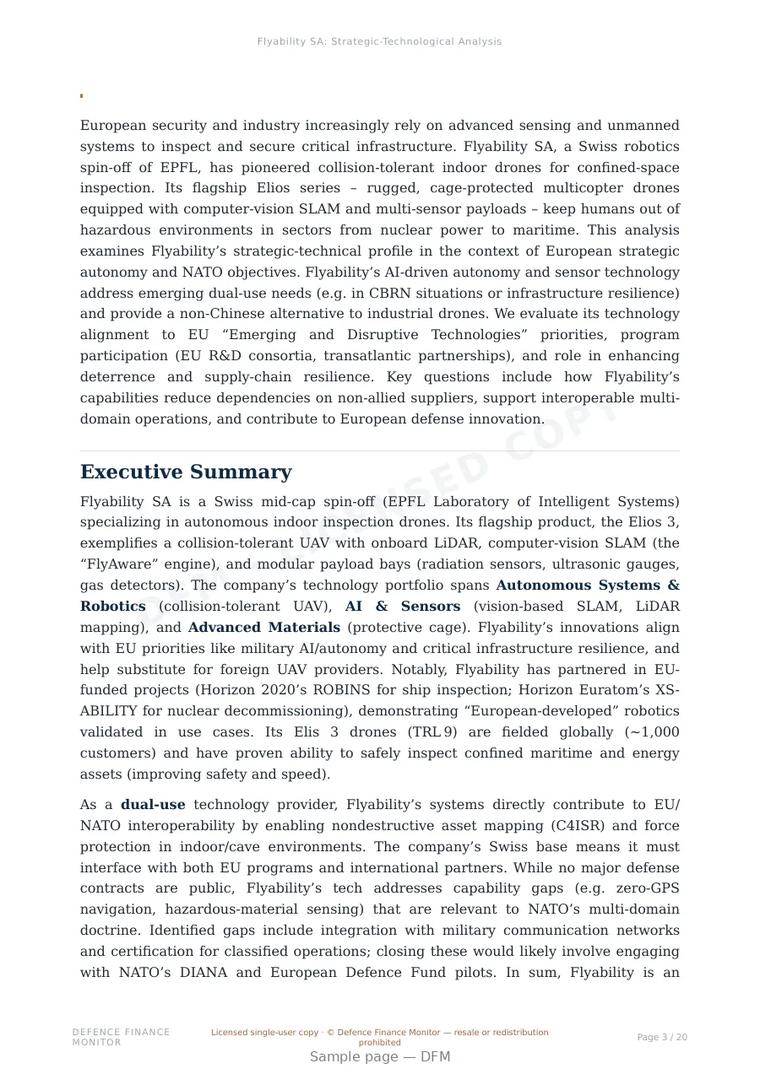 Sample page from “Flyability SA — Switzerland unmanned aerial systems company” — 21-page report