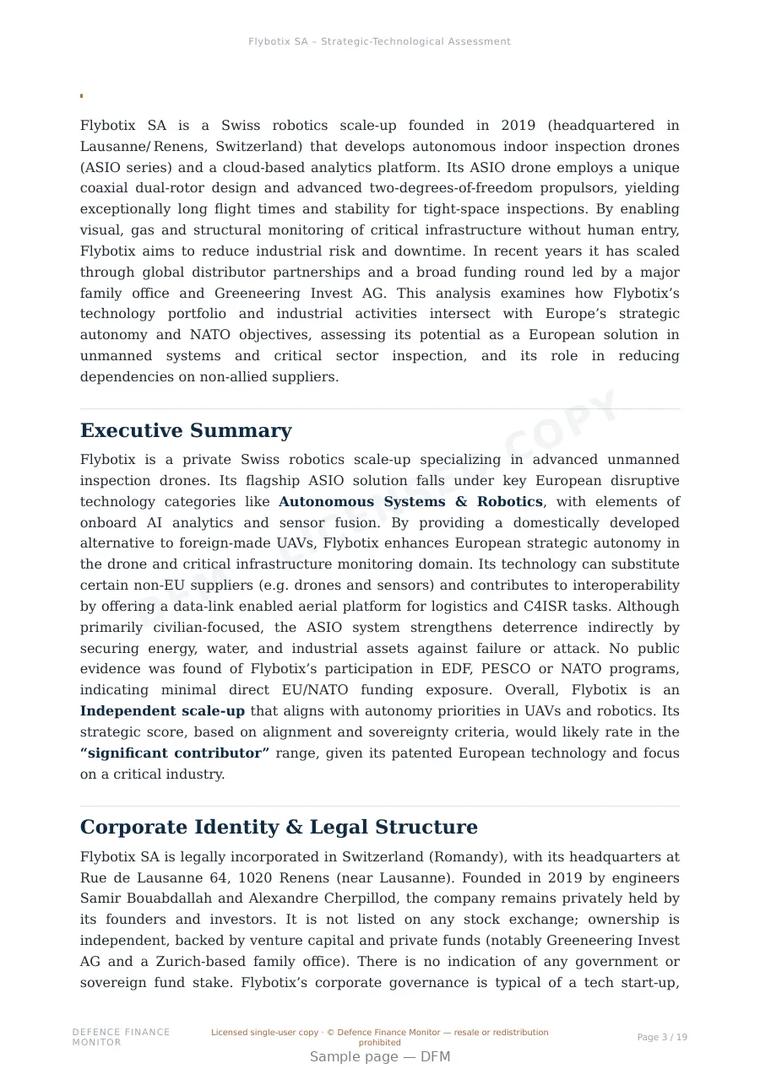Sample page from “Flybotix SA – Strategic-Technological Assessment” — 20-page report