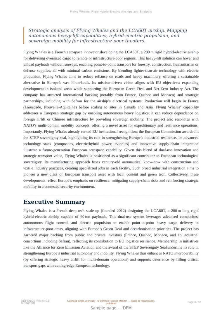 Sample page from “Flying Whales: Rigid Hybrid-Electric Airships and Strategic Heavy-Lift Logistics” — 13-page report