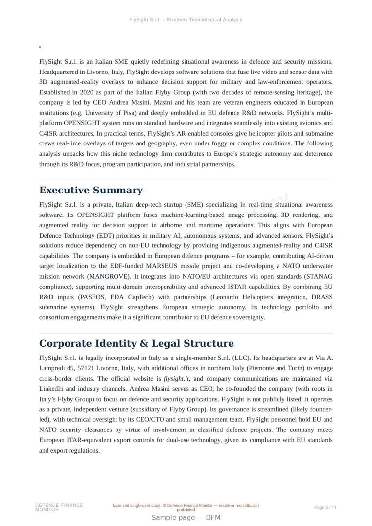 Sample page from “FlySight S.r.l. — Italy multi-source data fusion company” — 12-page report
