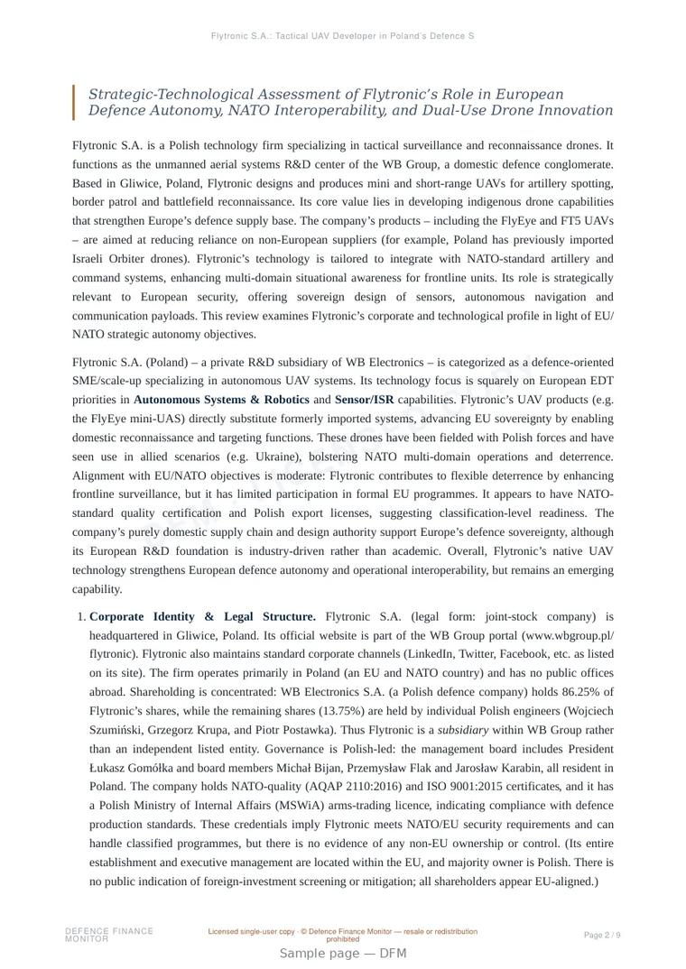 Sample page from “Flytronic S.A.: Tactical UAV Developer in Poland’s Defence Sector” — 10-page report