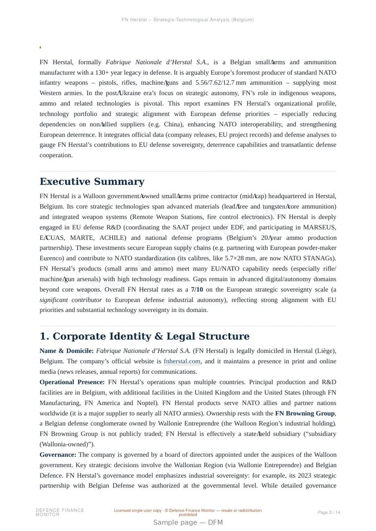 Sample page from “FN Herstal — Belgium defence company” — 15-page report