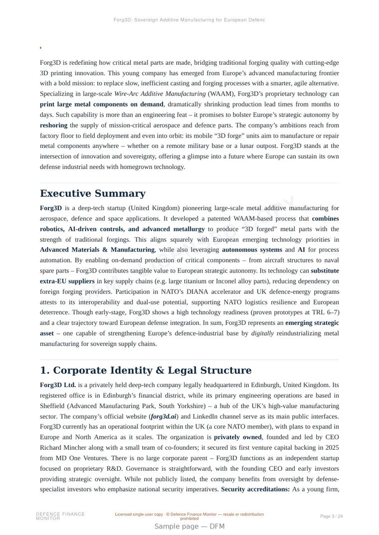 Sample page from “Forg3D: Sovereign Additive Manufacturing for European Defence and Aerospace” — 25-page report