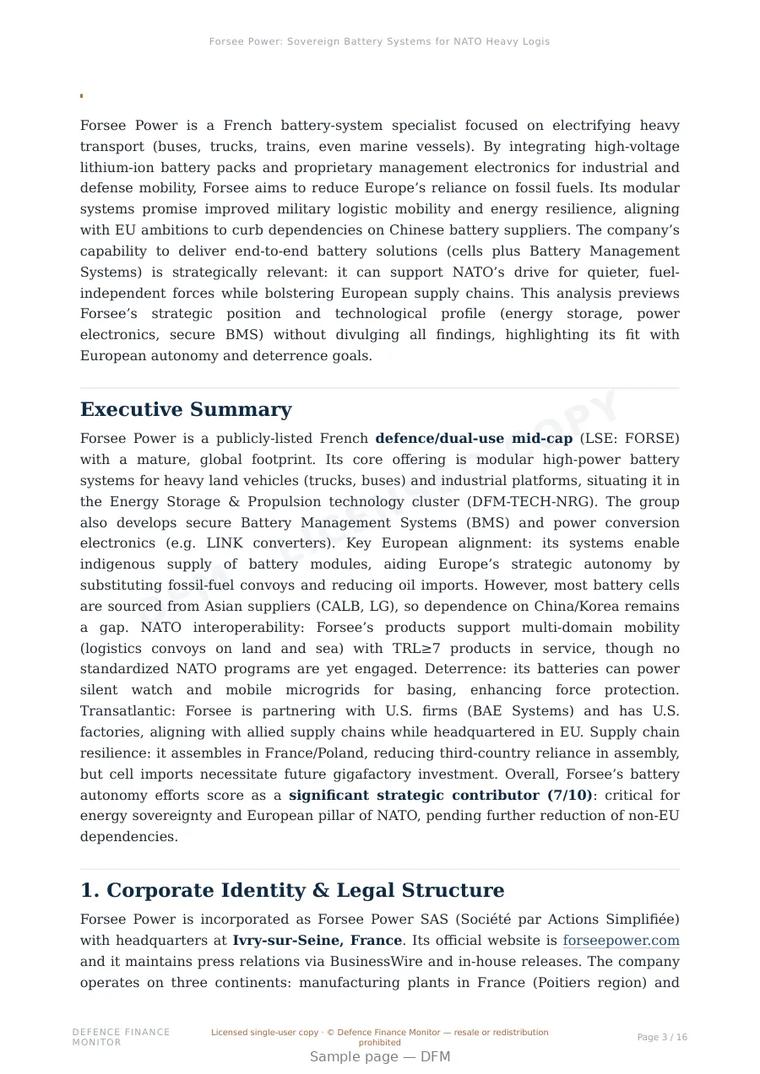 Sample page from “Forsee Power: Sovereign Battery Systems for NATO Heavy Logistics” — 17-page report