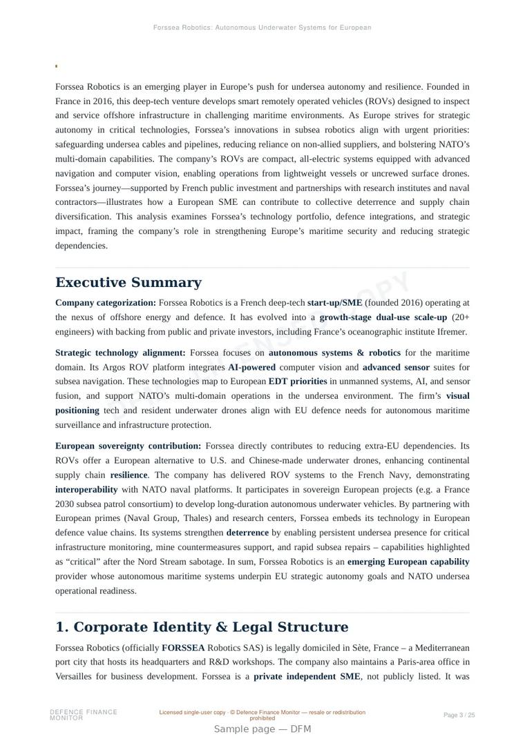 Sample page from “Forssea Robotics: Autonomous Underwater Systems for European Maritime Security” — 26-page report
