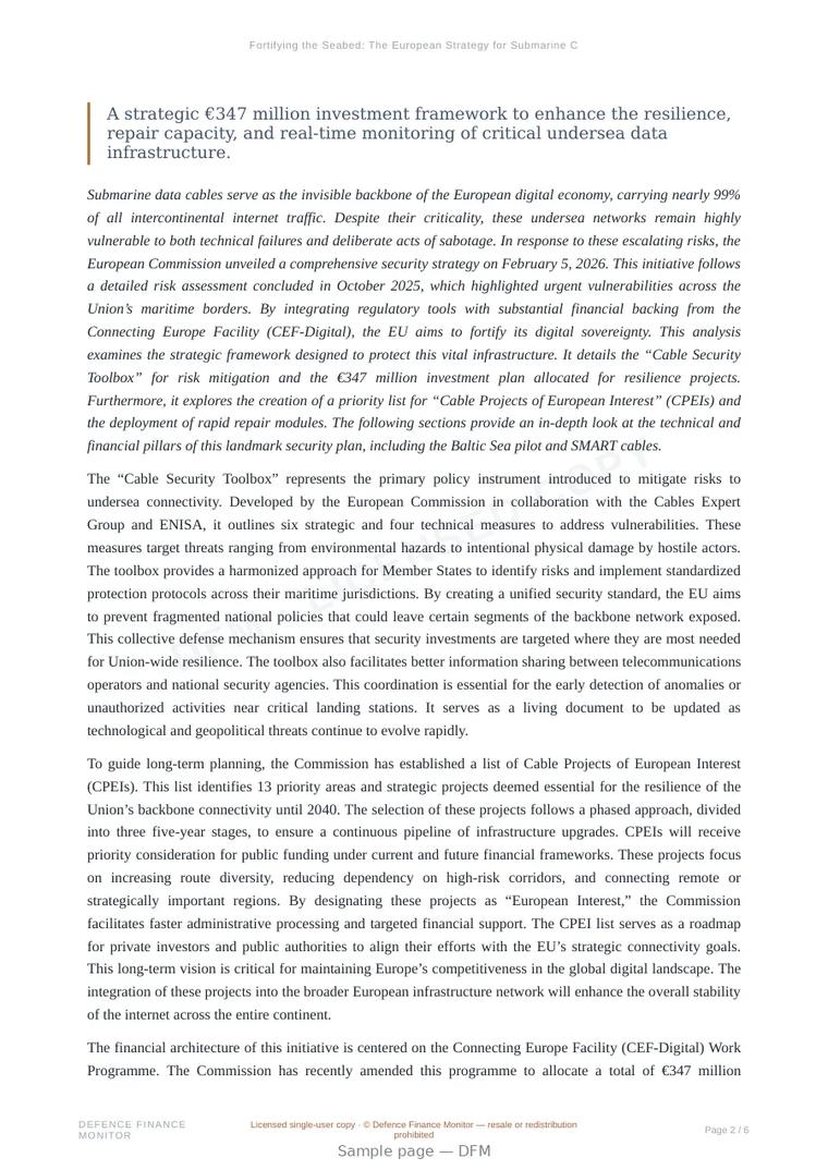 Sample page from “Fortifying the Seabed: The European Strategy for Submarine Cable Security” — 7-page report
