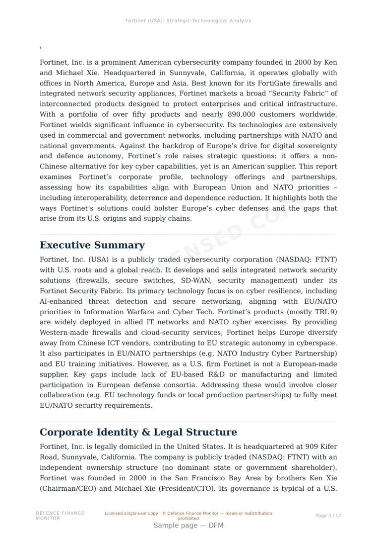 Sample page from “Fortinet, Inc. — United States defensive cyber company” — 18-page report