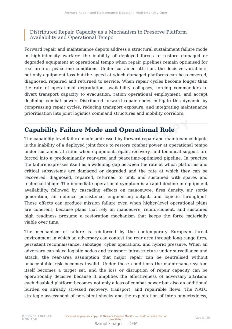 Sample page from “Forward Repair and Maintenance Depots in High-Intensity Operations” — 26-page report