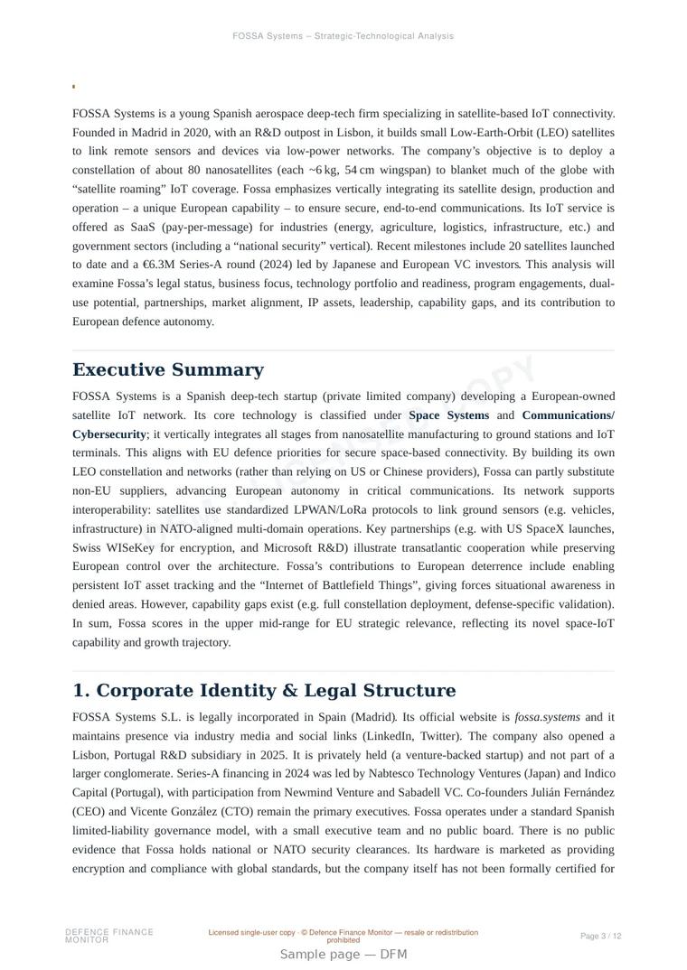 Sample page from “FOSSA Systems — Spain satellite platforms company” — 13-page report