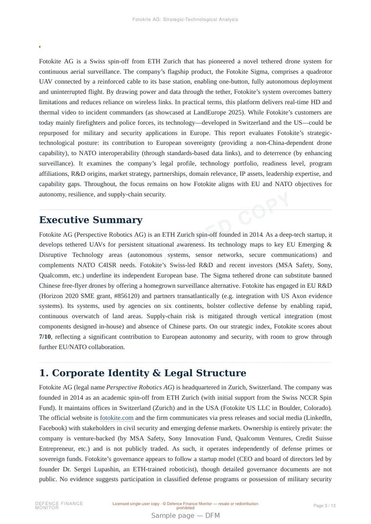 Sample page from “Fotokite AG — Switzerland unmanned aerial systems company” — 14-page report