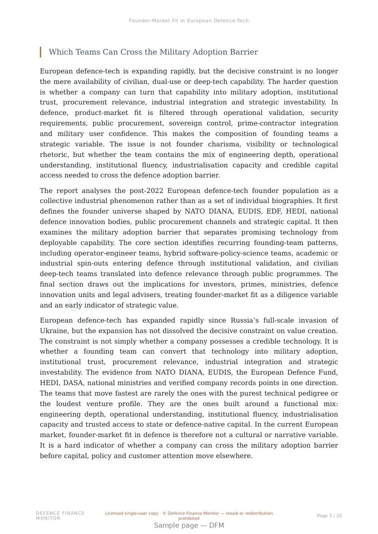 Sample page from “Founder-Market Fit in European Defence-Tech” — 21-page report