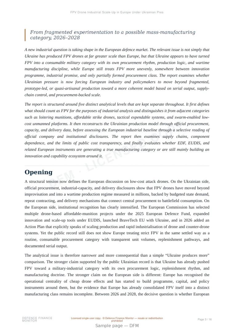 Sample page from “FPV Drone Industrial Scale-Up in Europe Under Ukrainian Pressure” — 17-page report