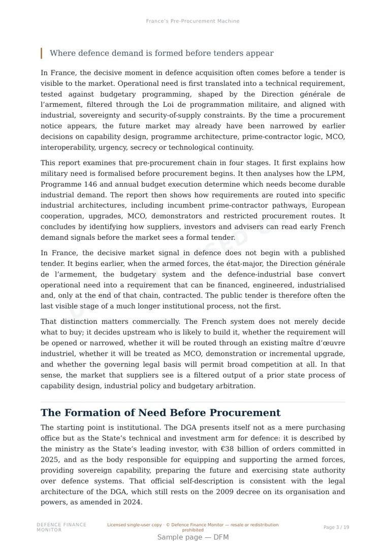 Sample page from “France’s Pre-Procurement Machine” — 20-page report