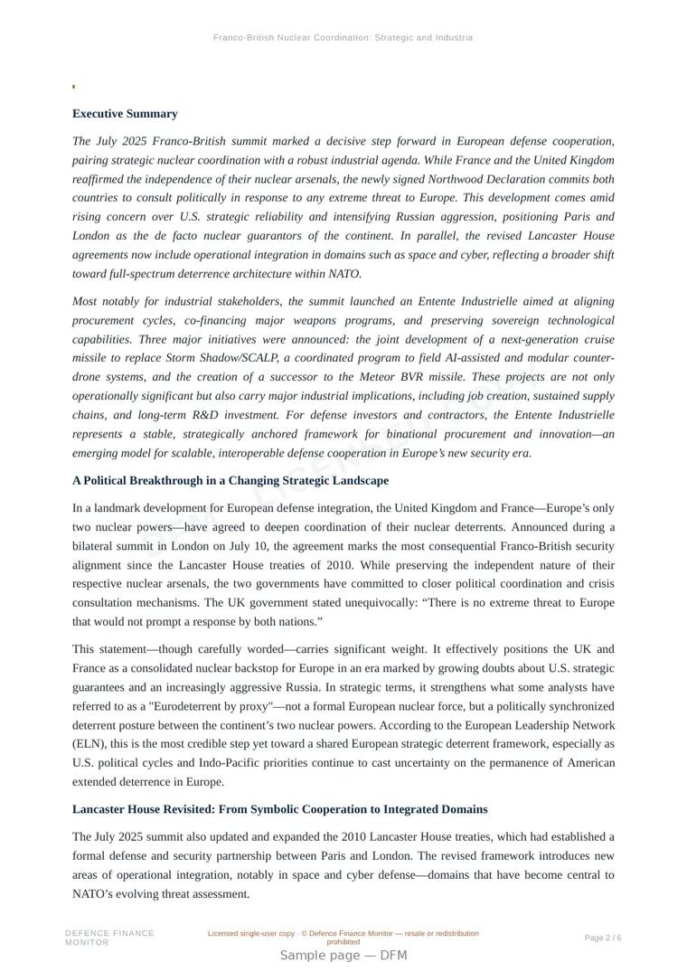 Sample page from “Franco-British Nuclear Coordination: Strategic and Industrial Implications” — 7-page report
