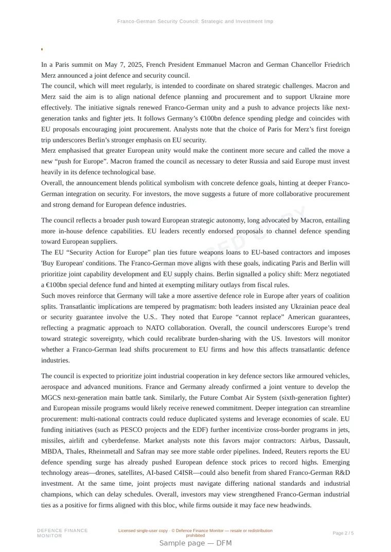 Sample page from “Franco-German Security Council: Strategic and Investment Implications” — 6-page report