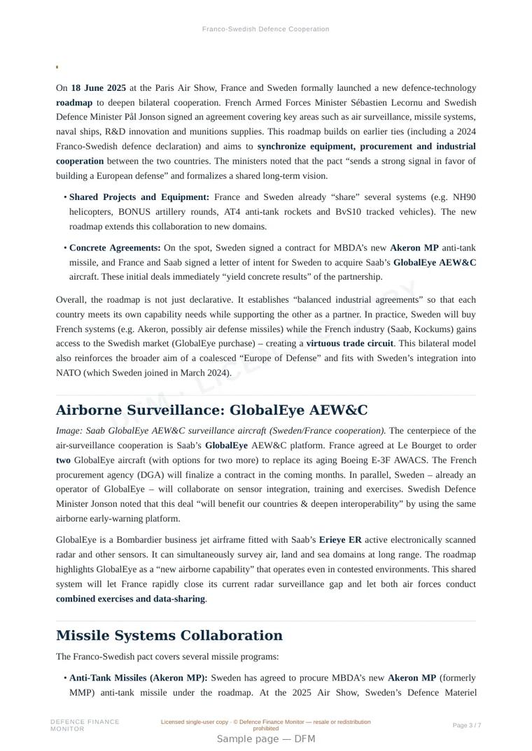 Sample page from “Franco-Swedish Defence Cooperation” — 8-page report