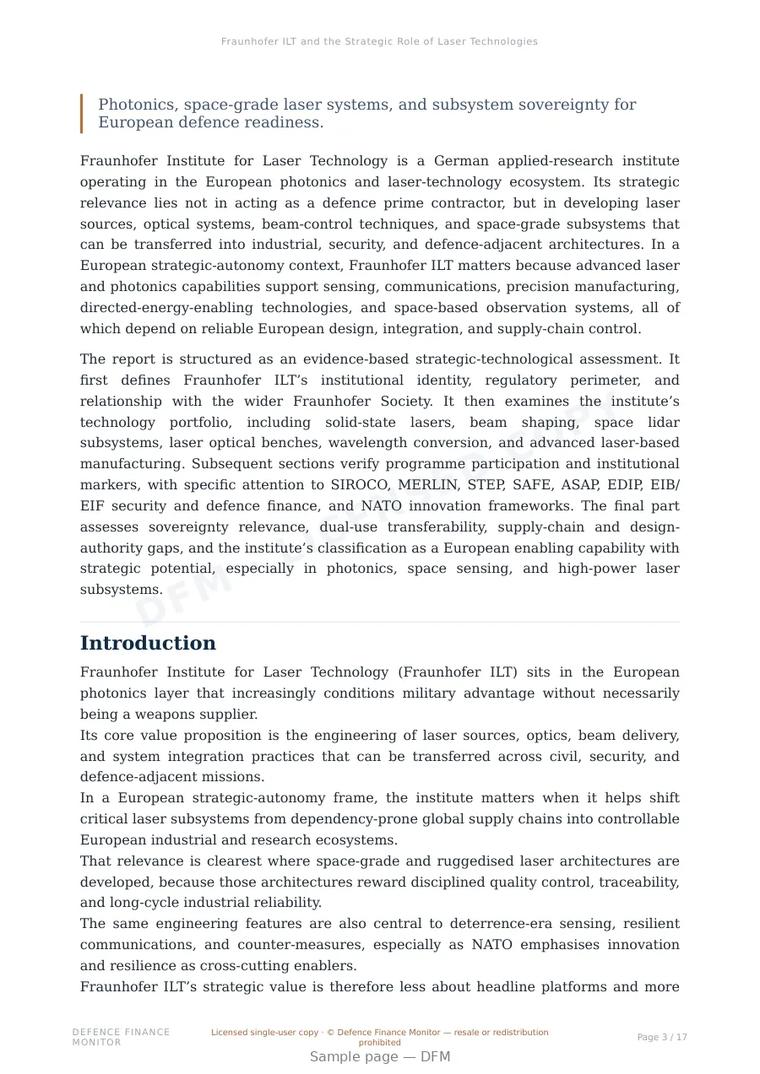 Sample page from “Fraunhofer ILT and the Strategic Role of Laser Technologies in European Autonomy” — 18-page report
