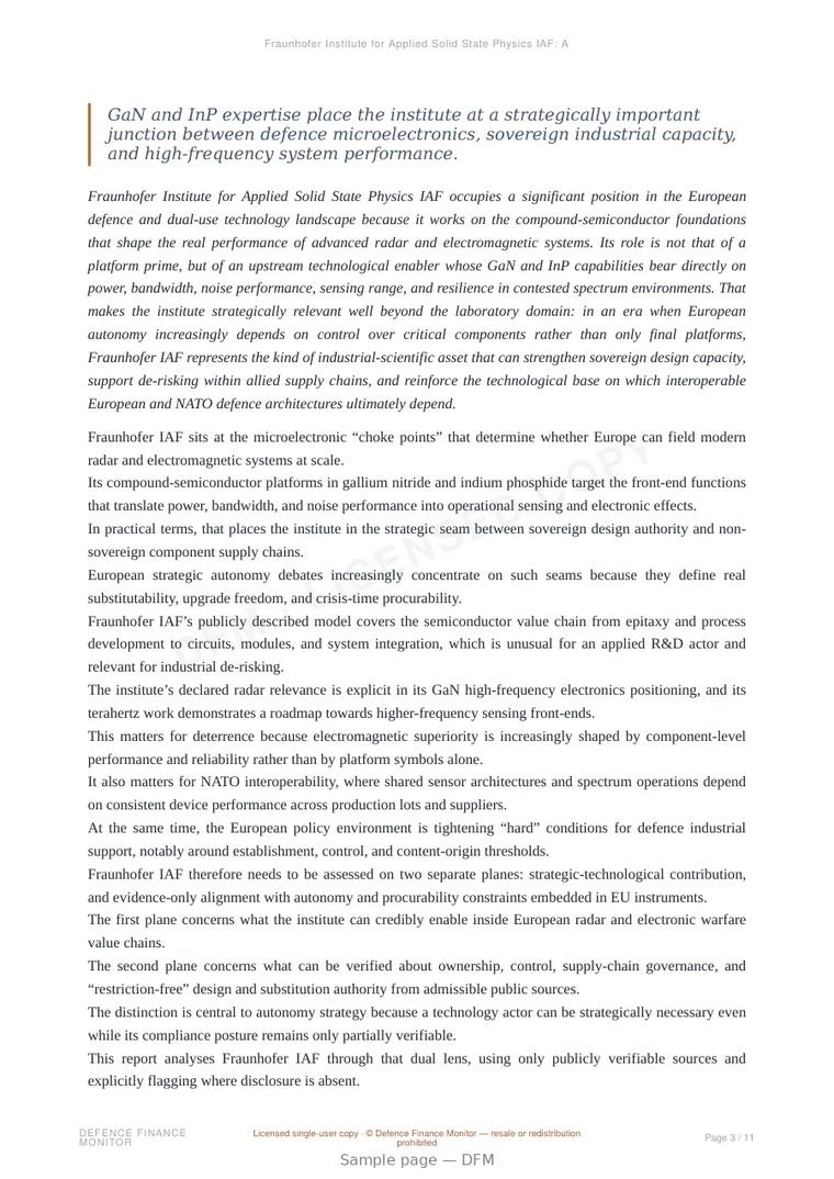 Sample page from “Fraunhofer Institute for Applied Solid State Physics IAF: A European Compound-Semiconductor Anchor for Radar and Electronic-Warfare Capability” — 12-page report