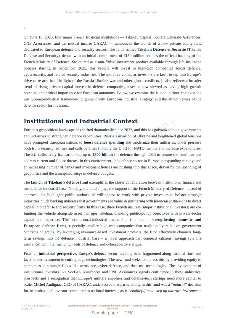 Sample page from “French Finance Companies Launch European Defence Investment Fund” — 8-page report
