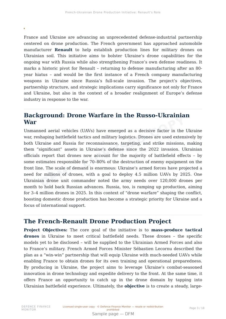 Sample page from “French-Ukrainian Drone Production Initiative: Renault’s Role and European Defense Industry Shifts” — 19-page report